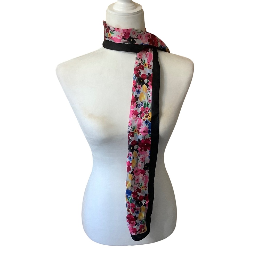 Thirty-One Floral Skinny Scarf Black Border Watercolor Ditzy Wildflower 48"x6"